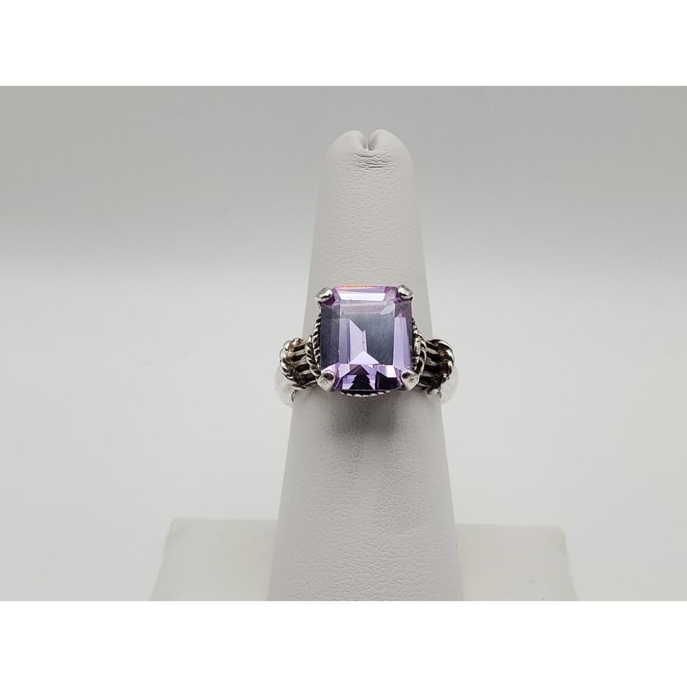 925 Sterling Silver Vintage Emerald-Cut Purple CZ Ring Size 8